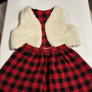 Beautees Red & Black Buffalo Plaid Dress with Cream Sherpa Vest